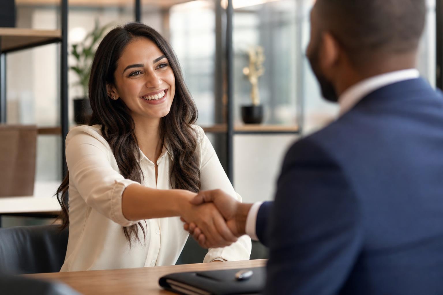 Two professionals shaking hands across a desk and smiling